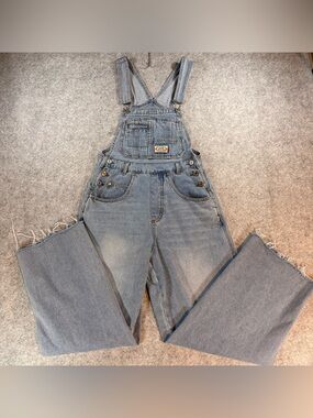 Lana Roux 90s Retro Wide Leg Denim Overalls XS Light Wash Raw Hem Utility